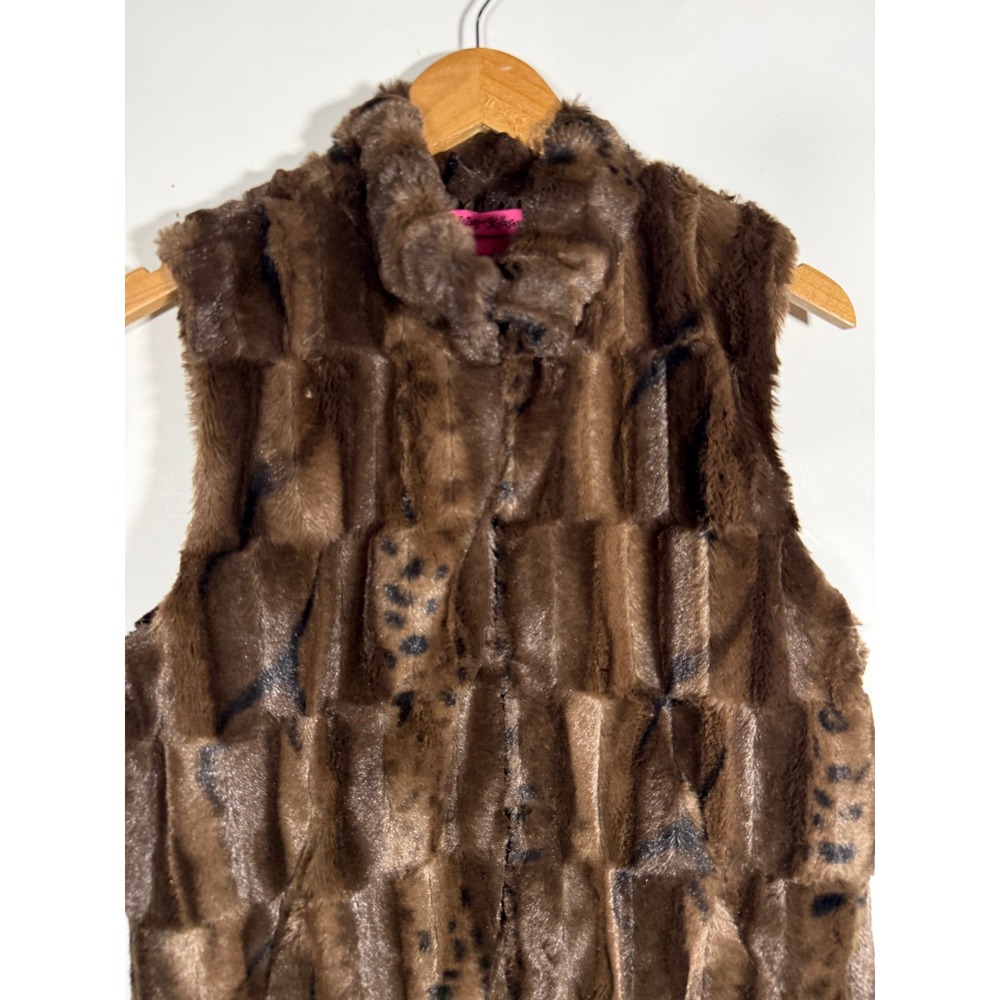 Betsey Johnson Faux Fur Vest Brown Animal Print Paneled Sleeveless Small